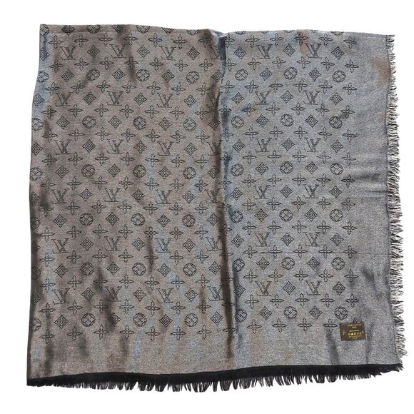 LOUIS VUITTON LV Vintage Black & Silver Cashmere Monogram Scarf Shawl Wrap - Picture 6 of 16